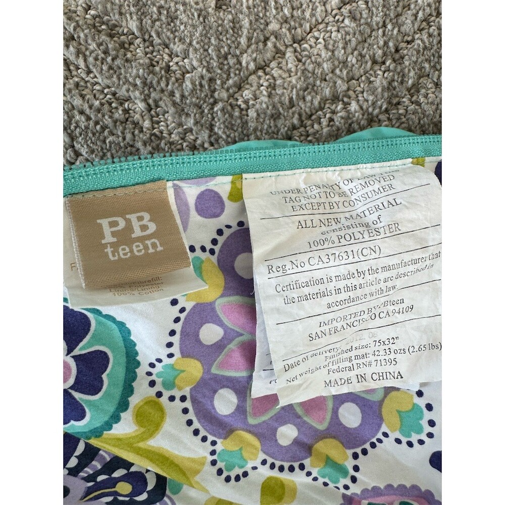 PBteen Pottery Barn Teen Sleeping Bag Teal Aqua Purple Floral Zip 32x75 - Picture 6 of 13